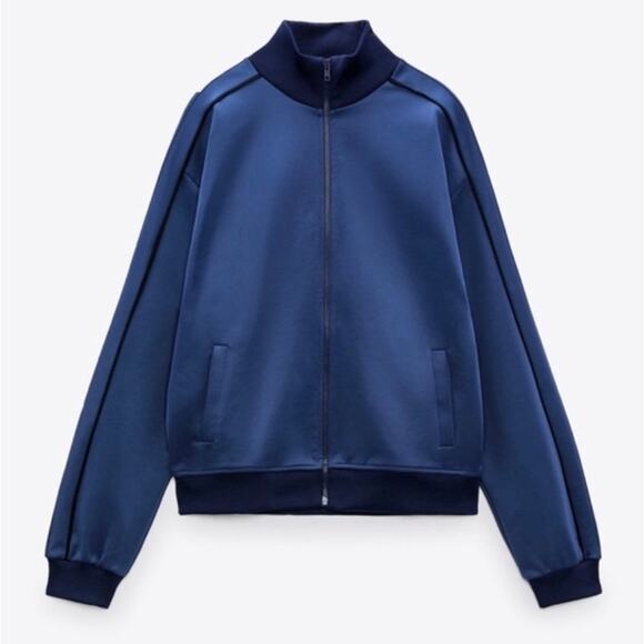 ZARA | Women's Full Zip Retro Jacket NEW Size Medium Blue Petrol Varsity Track - Picture 3 of 14